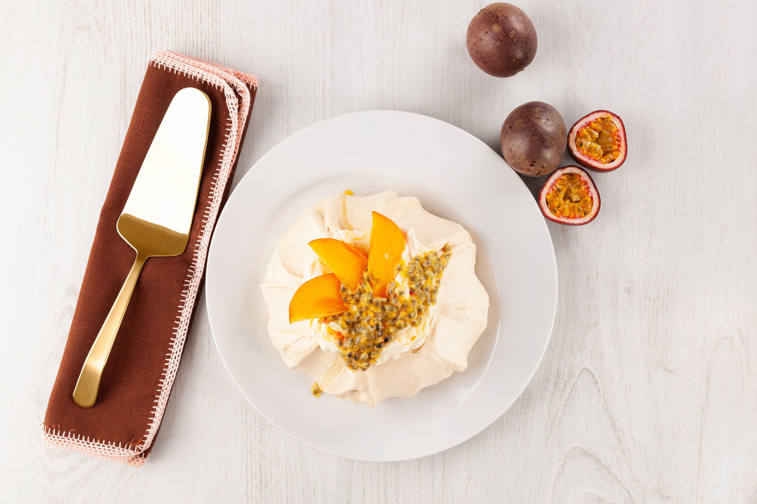 Koffie pavlova met exotisch fruit